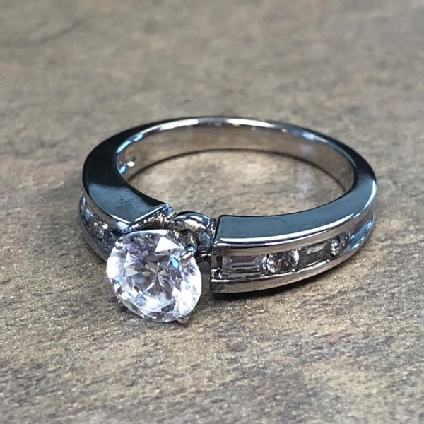 14K White Gold Baguette and Round Diamond Engagement Ring